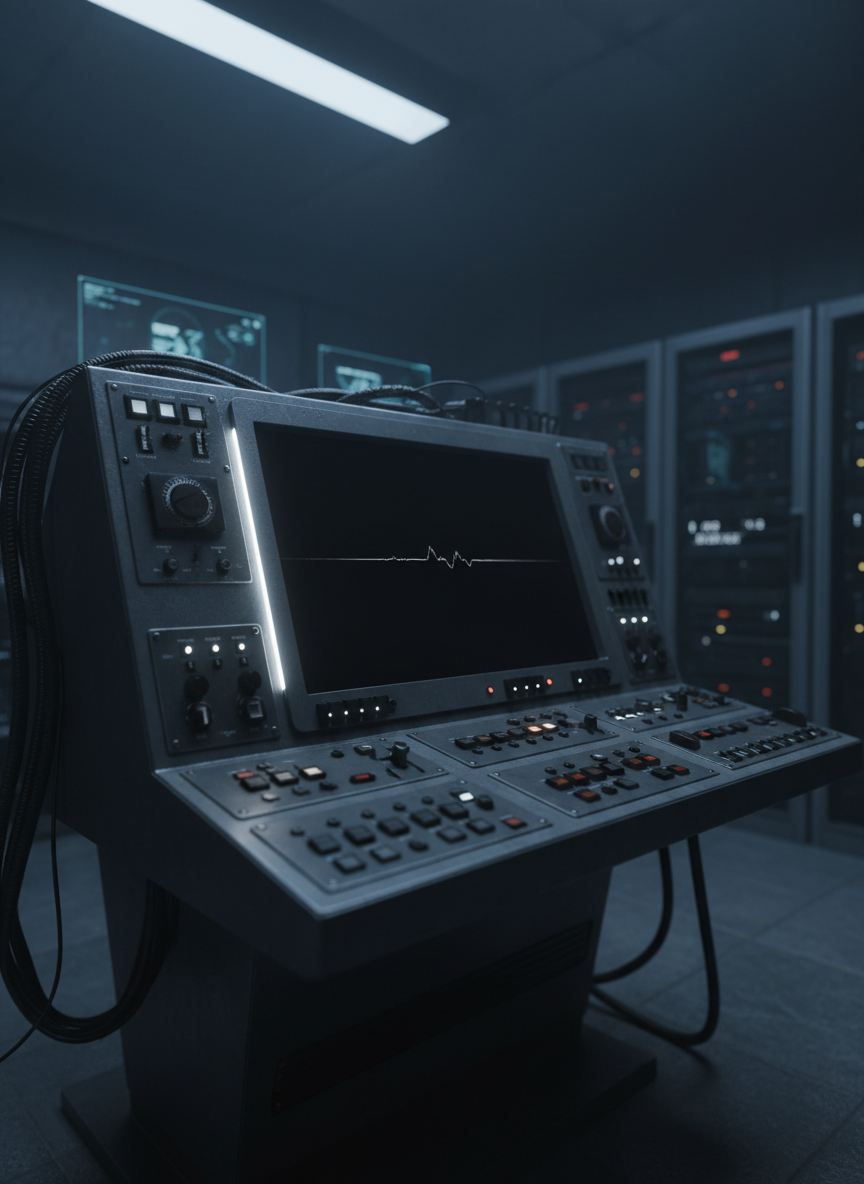 A futuristic, powered-down communication console set in a dim, high-tech control room, its large central screen completely black except for a faint, horizontal line of static frozen across the middle, hinting at a broken or ‘dead’ signal. Around the screen, matte graphite panels, small indicator lights, and finely detailed switches create a sense of complex machinery. Cables vanish into the darkness behind the console. A cool, bluish overhead light casts a subtle metallic sheen across the surfaces, while a narrow rim of light from the side outlines the screen’s edges. Captured from a low, cinematic angle with a shallow depth of field, the console dominates the frame, evoking tension, mystery, and impending sci-fi danger in stark photographic realism.