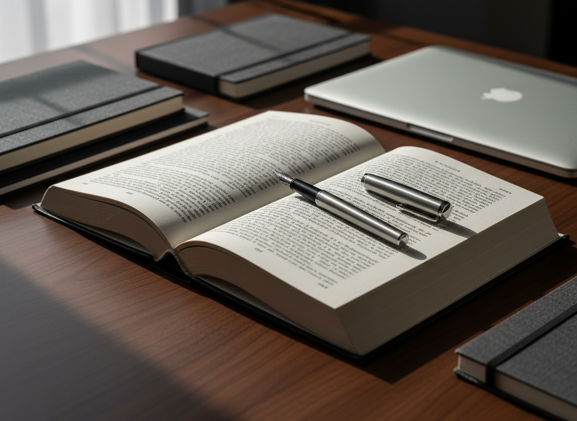 A sleek, hardback novel lying open on a dark walnut desk, its cream pages filled with crisp, black serif text and a single metal fountain pen resting neatly across the gutter. Around it are neatly stacked notebooks with textured charcoal covers and a closed laptop with a brushed aluminum finish, hinting at a writer’s workflow. Soft morning light from an unseen window rakes across the scene, creating clean, angled shadows and subtle highlights on the pen’s polished clip. Shot at eye level with a shallow depth of field, the open book is in sharp focus while the background fades into a gentle blur. The atmosphere is professional, focused, and quietly creative, captured in clean photographic realism for a modern author’s website hero image.