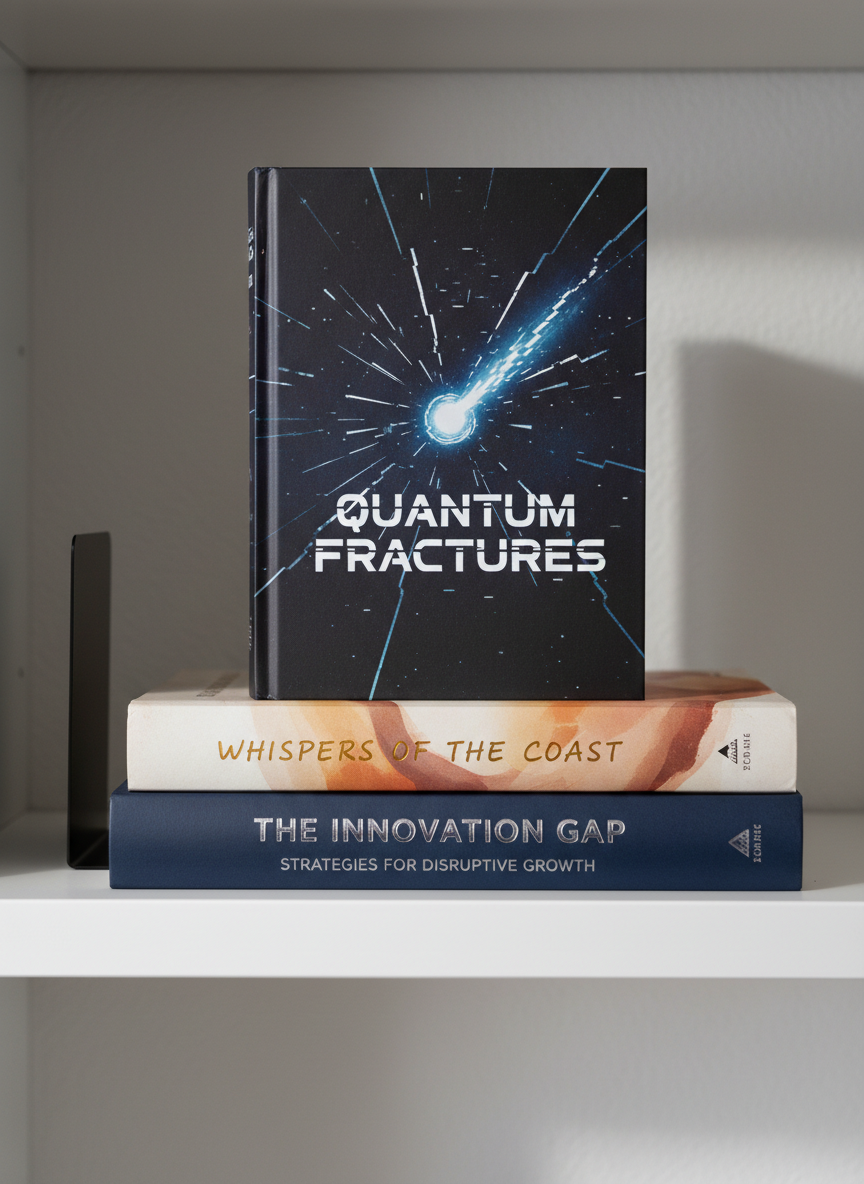 A stack of three distinct books arranged neatly on a minimalist white shelf, each representing a different genre: the bottom is a bold, confident business title with a navy dust jacket and silver embossed lettering; the middle is a warm-toned contemporary novel with a subtle, abstract cover; the top is a dark, atmospheric sci-fi thriller jacket featuring a stylized, glitchy signal motif and deep indigo hues. A simple black metal bookend anchors the stack. Soft, indirect afternoon light from the right creates delicate highlights on the embossed text and gentle gradients across the covers. Shot straight-on with a medium depth of field so the titles are crisp while the background shelf and wall blur slightly. The mood is professional yet imaginative, in a clean, photographic, editorial style suitable for showcasing an author’s body of work.