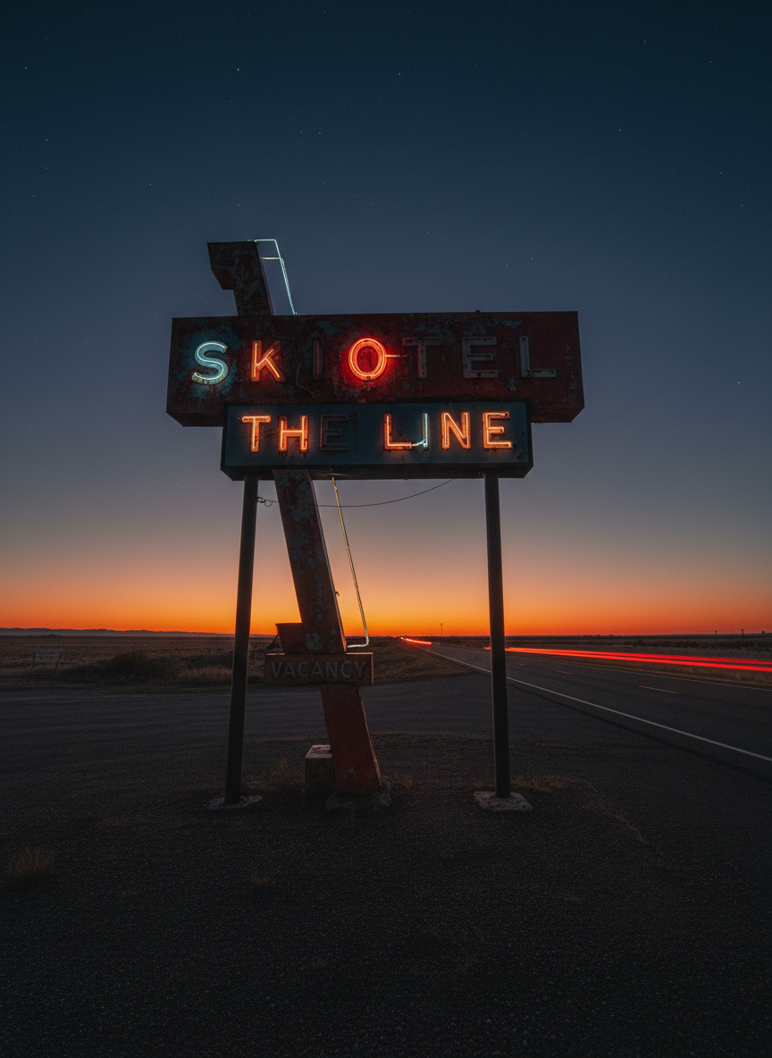 A lonely roadside motel sign standing at the edge of a two-lane highway at dusk, its retro neon tubing partially unlit so that only a few letters glow weakly, suggesting something “skirting the line” between functioning and failing. The sign’s chipped paint and rusted metal frame show years of wear. The horizon is painted with a deep orange-to-indigo gradient, and the first stars are becoming visible. Long-exposure car light trails streak faintly along the road in the distance. The scene is illuminated by the fading ambient light and the soft, uneven glow of the remaining neon, casting colored reflections on the sign’s metal edges. Shot from a low angle with a wide lens, the mood is moody, cinematic, and slightly noir, rendered in gritty photographic realism.