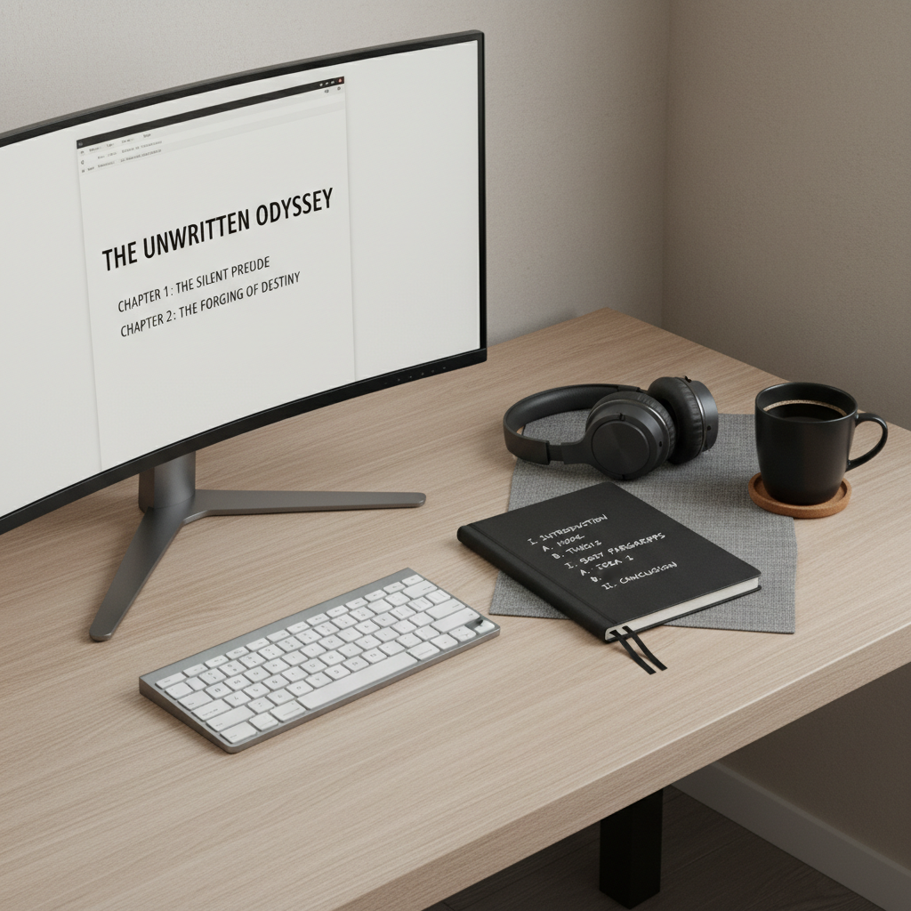 A meticulously organized writing workspace featuring a slim mechanical keyboard, a widescreen monitor displaying a clean document with chapter headings, and a matte-black notebook open to an outline page with precise, legible handwriting. Beside it, a pair of noise-canceling headphones rests on a folded gray linen cloth, and a ceramic mug of black coffee sits on a cork coaster. The desk surface is smooth oak with a subtle grain, set against a neutral, softly textured wall. Cool, diffused daylight from an overcast sky enters from the left, illuminating the setup and casting minimal, soft shadows. Photographed from a slightly elevated three-quarter angle, the composition follows the rule of thirds to emphasize structure and clarity, conveying a disciplined, professional, and tech-savvy writing environment in crisp photographic realism.