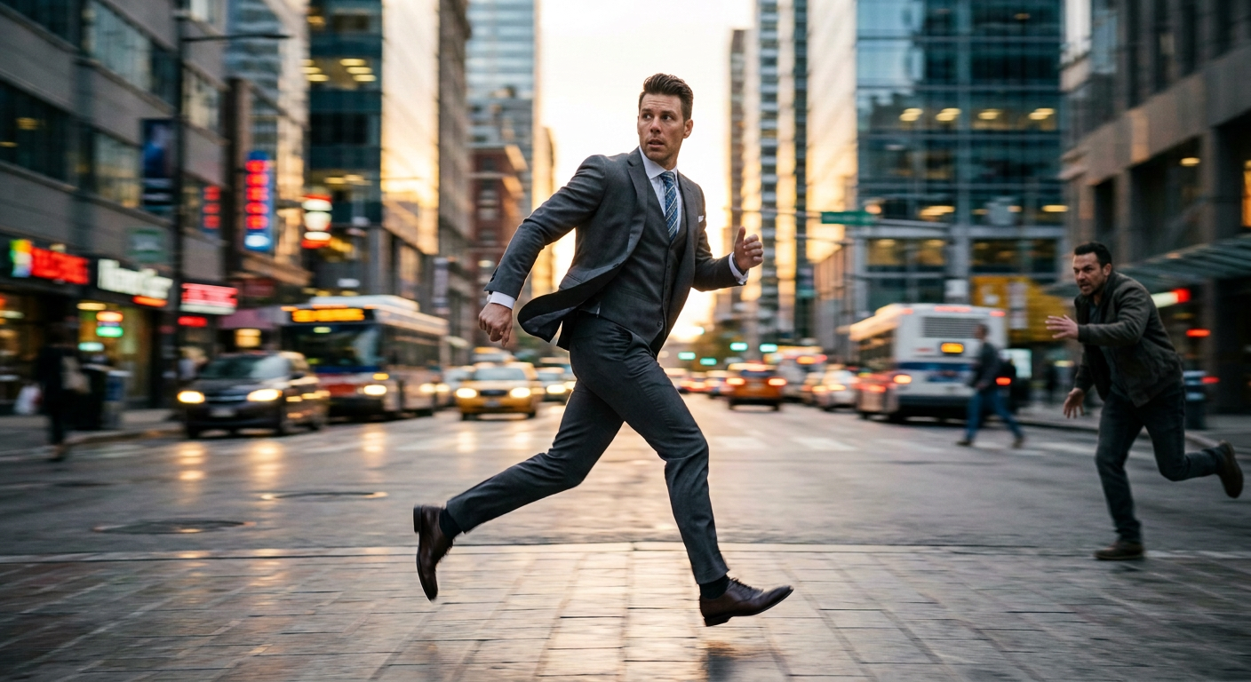 Suited man running through a busy downtown street